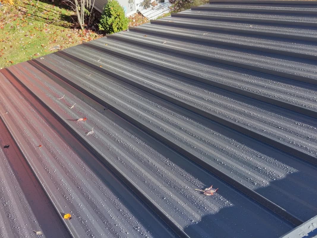 Two-tone standing seam metal roof close-up with water droplets - burgundy and charcoal panels