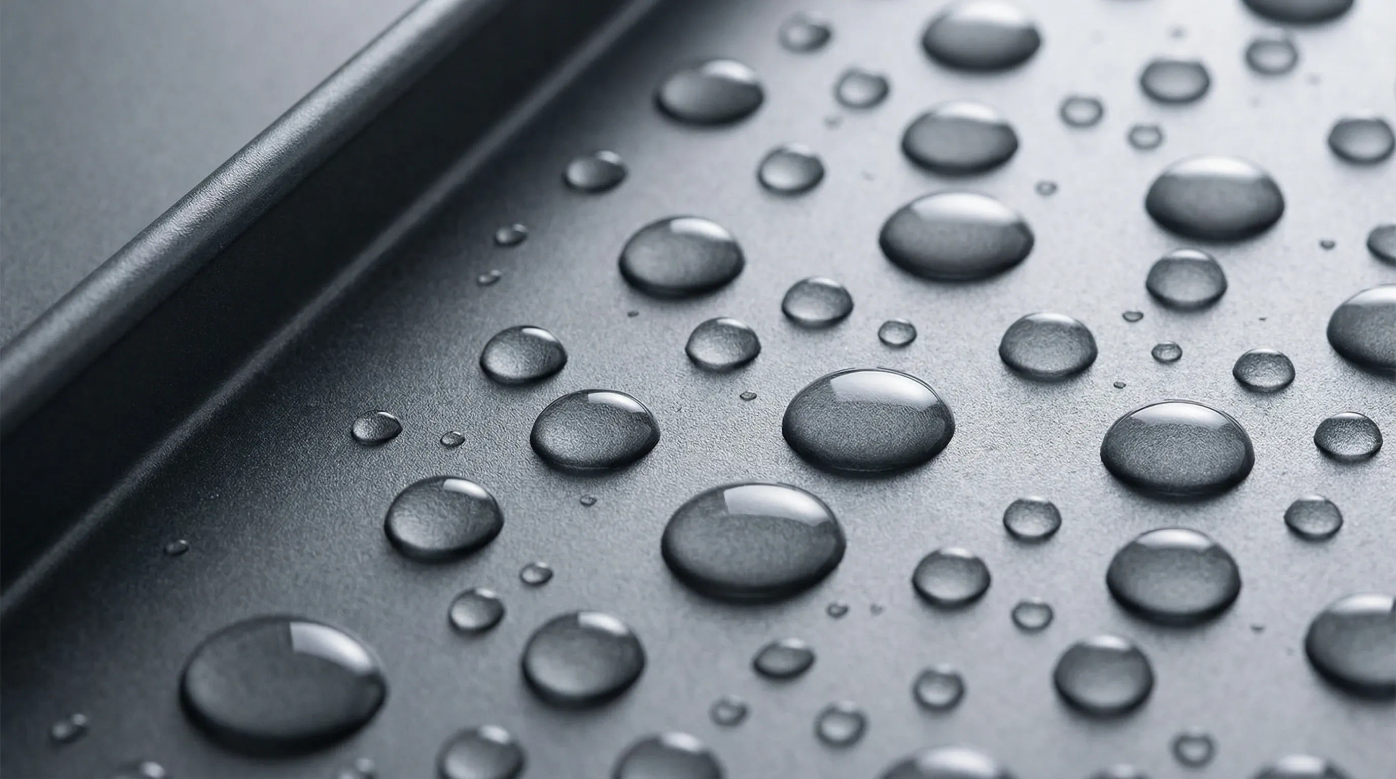Water beading on metal roofing surface demonstrating weather-resistant coating